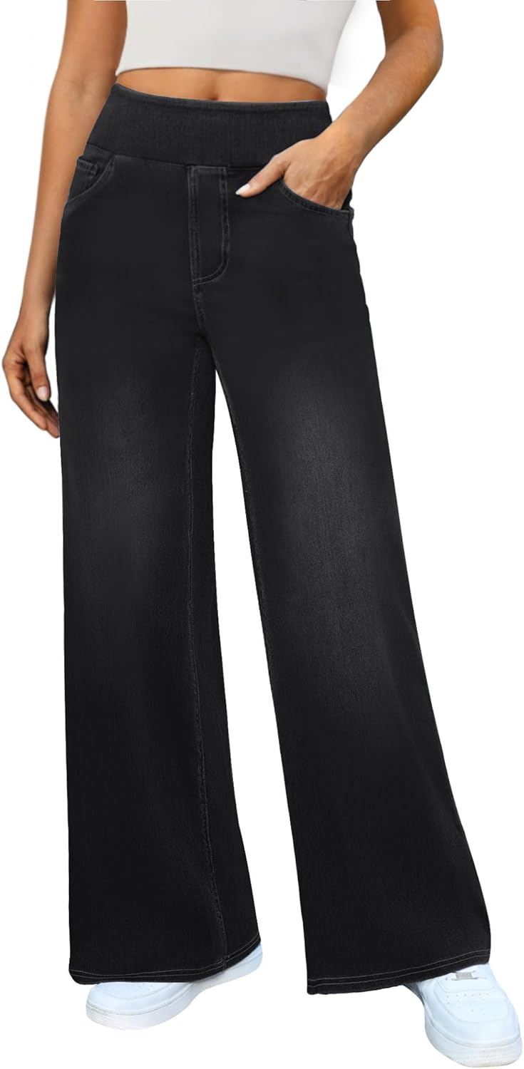 Women's Wide Leg Jeans High Waisted Stretchy Denim Pants