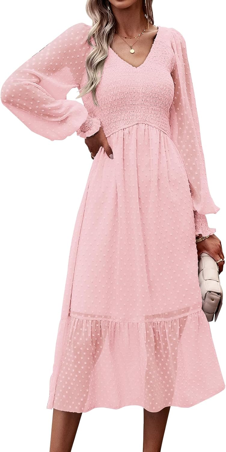 PRETTYGARDEN Women's Fall Dresses Long Sleeve V Neck Chiffon