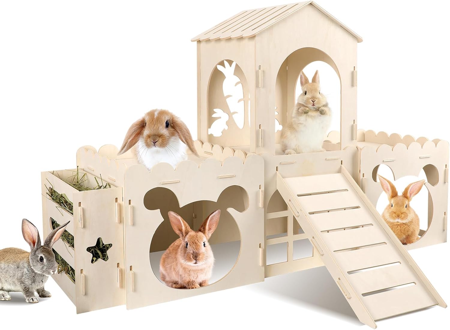 Large Rabbit Castle for Small Pets - Wooden Bunny House & Feeder