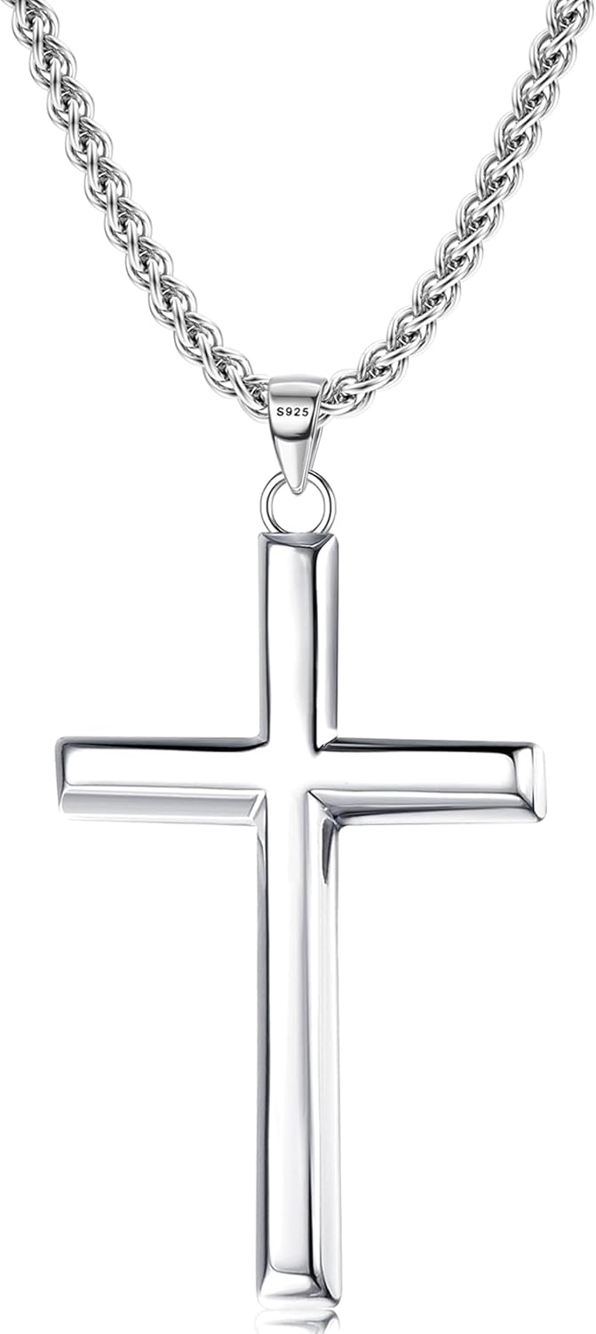 Solid 925 Sterling Silver Cross Necklace for Men Women - Durable
