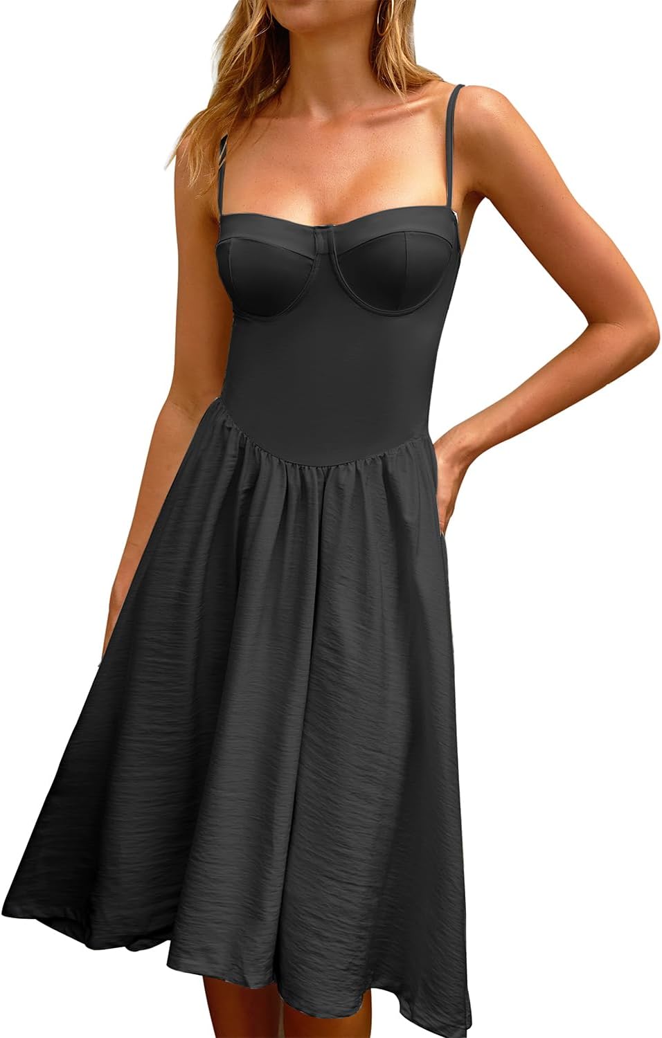 Chic Sweetheart Neck Spaghetti Straps A-Line Midi Dress