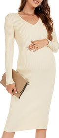 Maternity Dress for Women Long Sleeve V Neck Knit Sweater - Stretch
