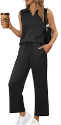 Two Piece Lounge Set Sleeveless V Neck Wide Leg Pant - Summer Travel