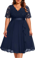 Plus Size Wedding Guest Dress - Elegant Tea Length Ruffle Lace Midi