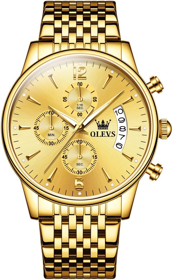 OLEVS Men's Stainless Steel Chronograph Watch with Gold Dial