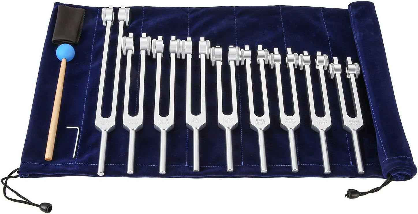 9 Pcs Silver Chakra Weighted Tuning Forks Set for Healing