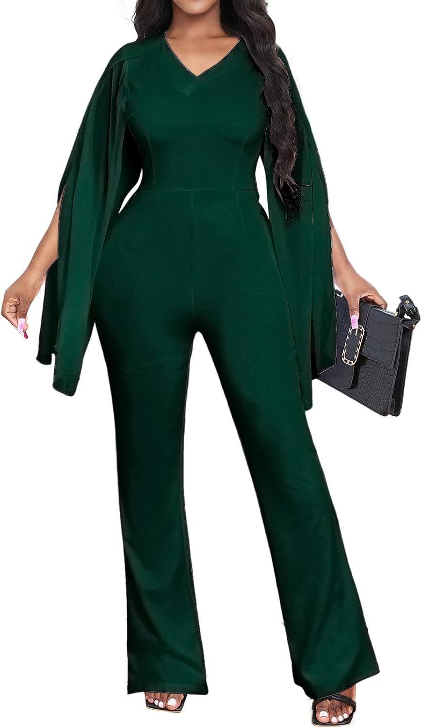 Elegant Women's Formal Jumpsuit with Long Cloak Sleeve Design