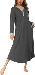 Women's Full Length V Neck Nightgown with Pockets - Comfortable