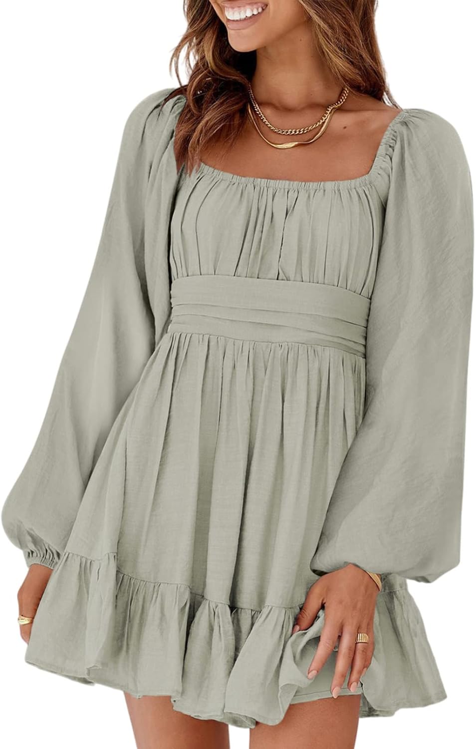 Dokotoo Womens Dress Long Lantern Sleeve Square Neck Mini Dress