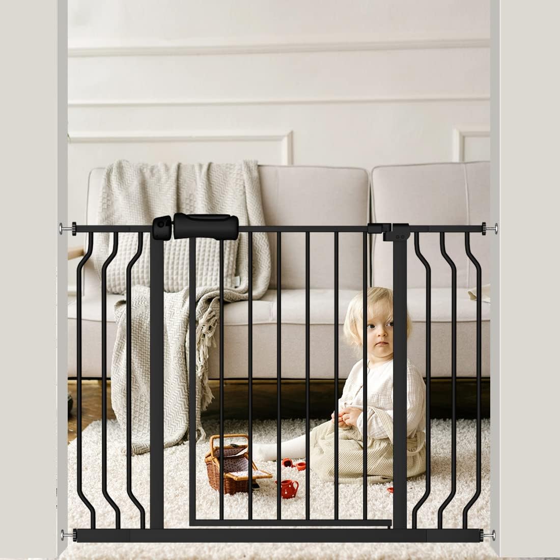 Extra Wide Black Baby Gate for Safety with Easy Walk Through Design