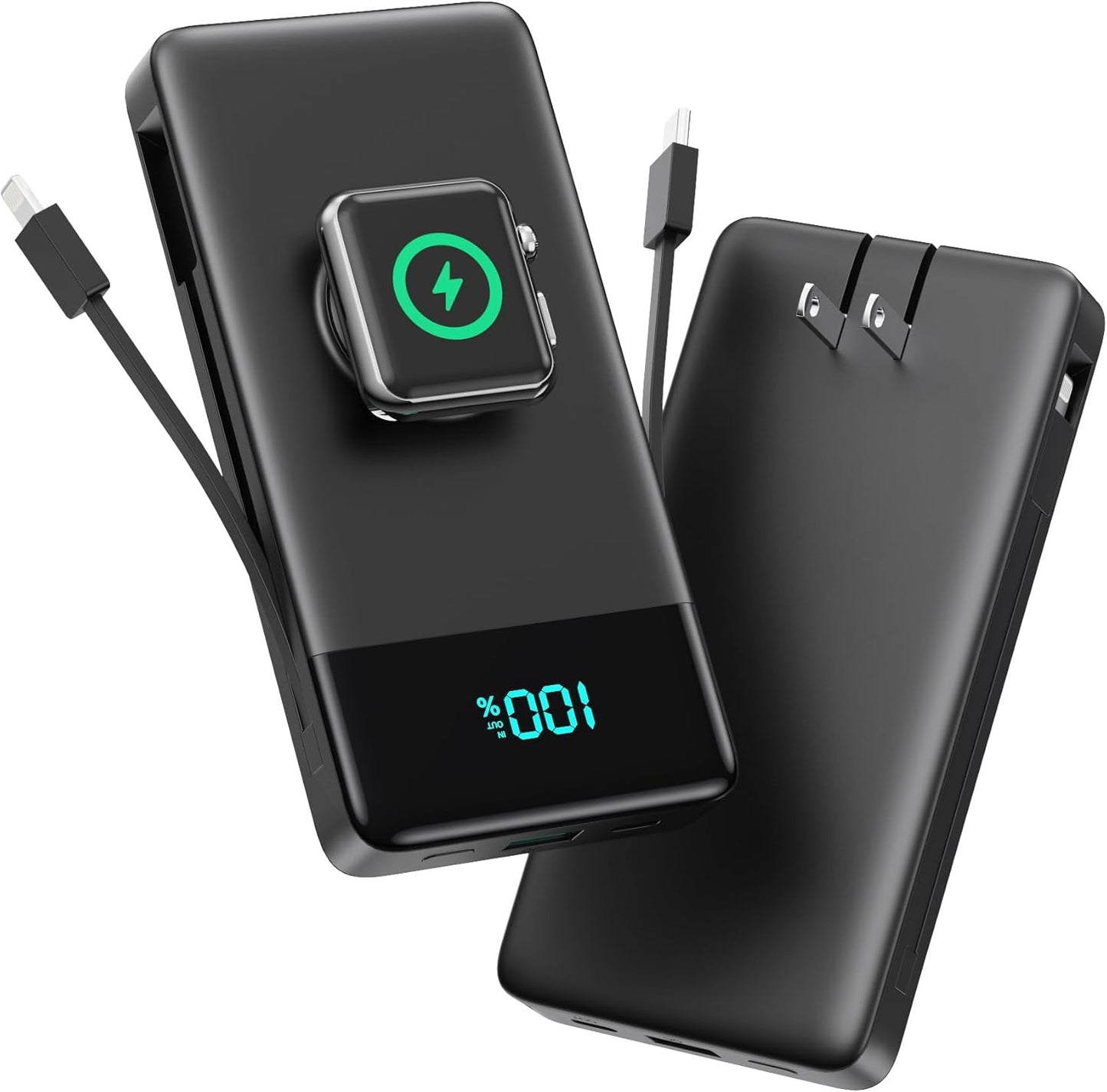 FOCHEW Portable Charger 10800mAh with Built-in Cables & Plug