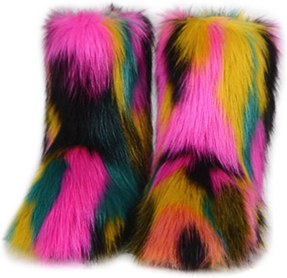 Furry Faux Fur Boots for Women - Cozy Mid Calf Snow Booties
