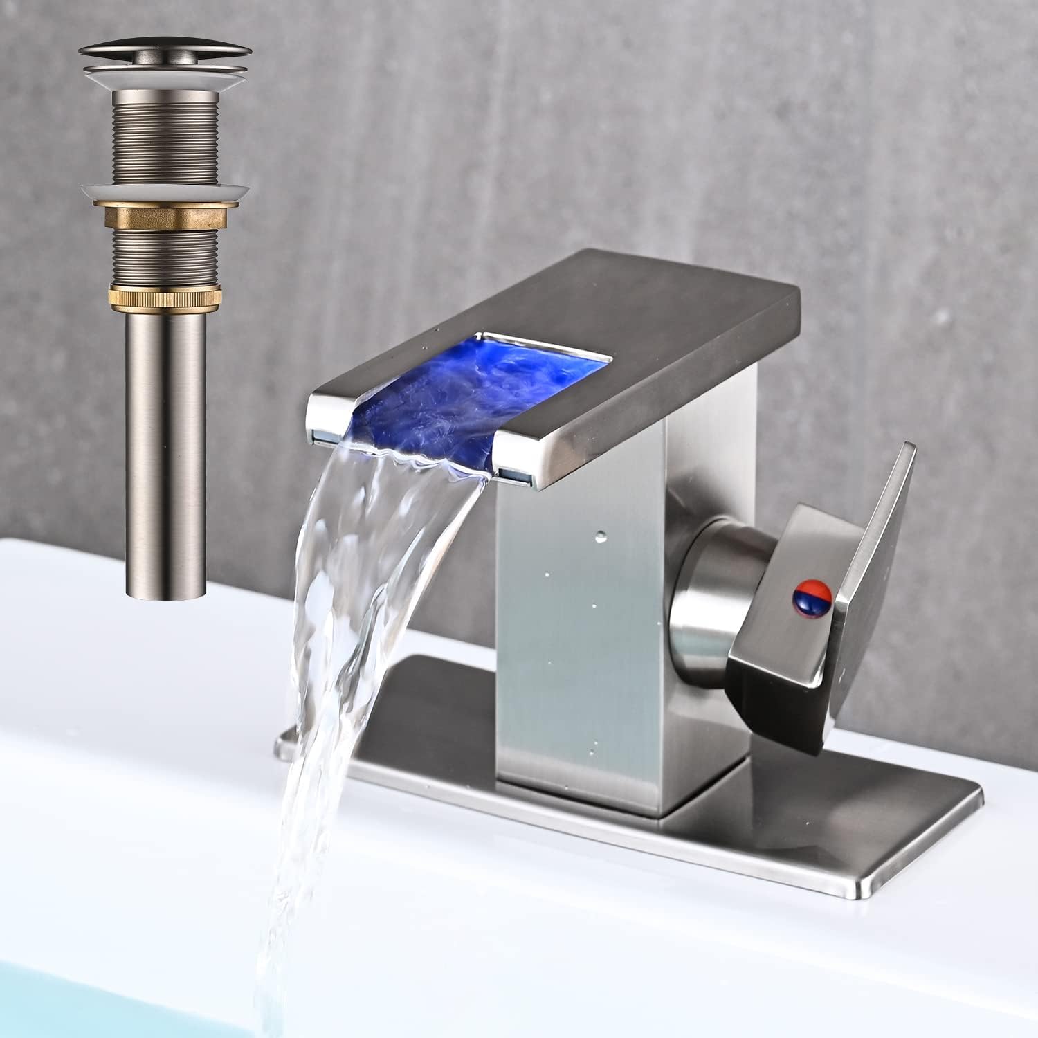 LED Bathroom Sink Faucet with Brushed Nickel Waterfall Design