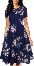 Vintage Half Sleeve O-Neck Contrast Swing Dress - Flattering Pockets