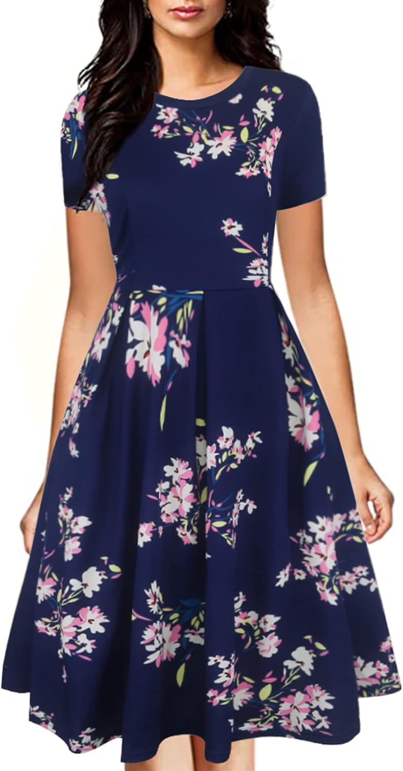 Oxiuly Women's Vintage Half Sleeve O-Neck Swing Dress with Pockets