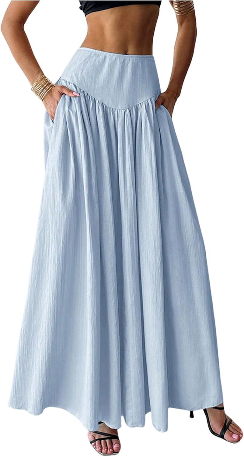Pleated Flowy Long Skirts for Women - High Waist Maxi Style