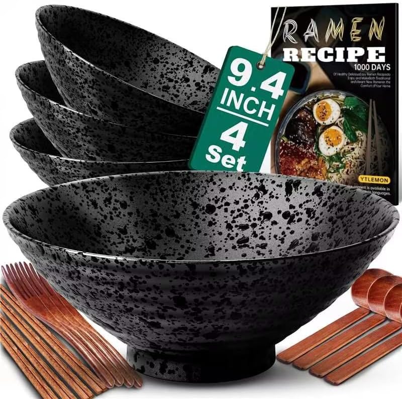 9.4Inch Ceramic Ramen Bowl Set of 4 for Noodles and Soup