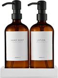 Amber Glass Soap Dispenser Set 16.9oz with Concrete Tray - Refillable