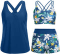 3-Piece Tankini Swimsuit for Women Blue Leaf - Tummy Control