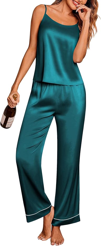 Ekouaer Women Satin Pajamas Set Soft Camisole and Pants with Pockets