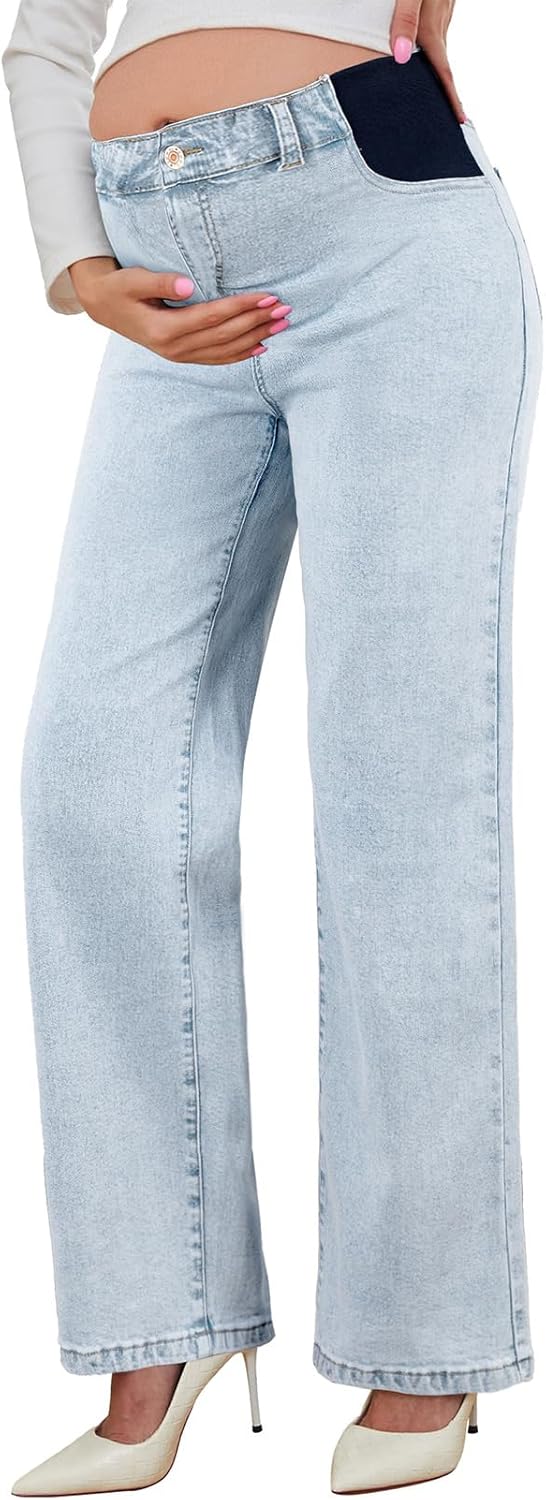 BLENCOT Maternity Jeans for Women High Waist Straight Leg Pants