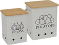 Kitchen Vegetable Storage Tins Set of 2 in White - Wooden Lid Garlic