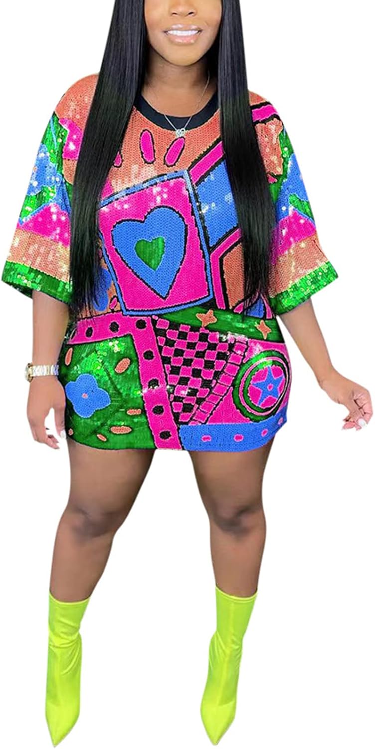 ALLUMK Women Sexy Glitter Sequin Shirt Dress for Parties
