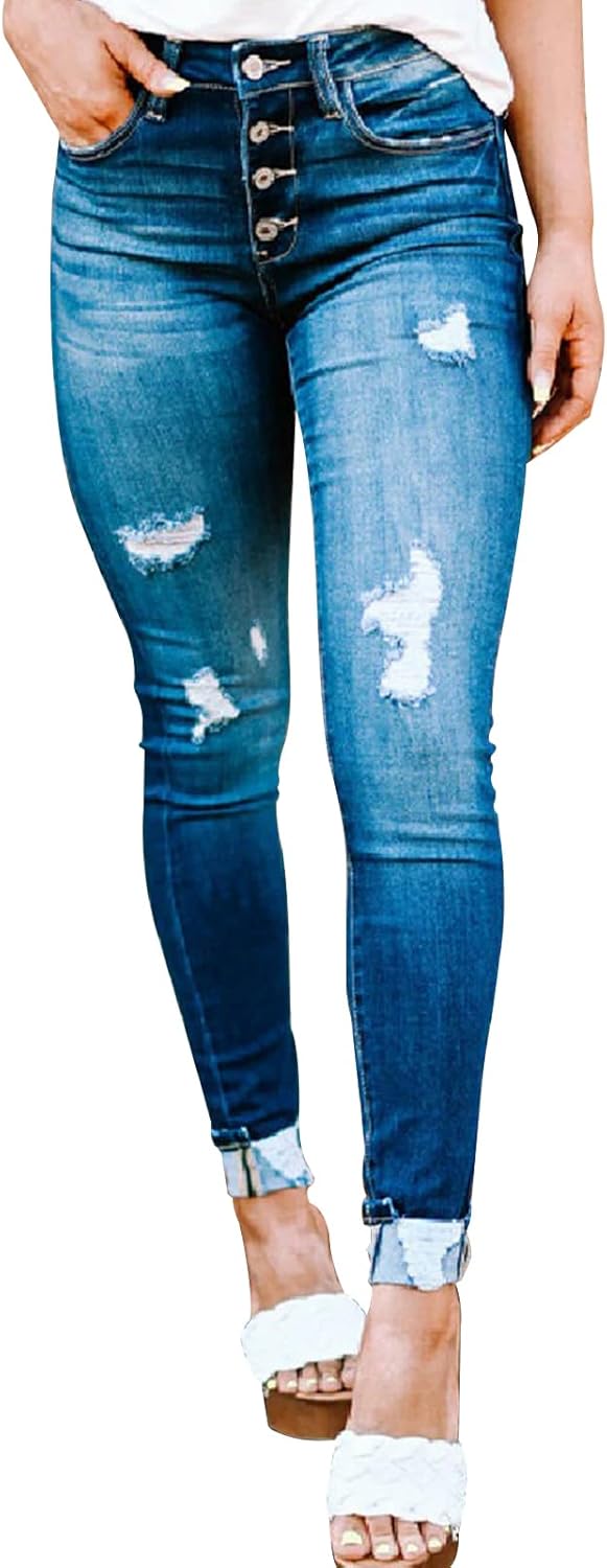 KUNMI Women's Ripped Skinny Slim Fit Jeans for Trendy Style