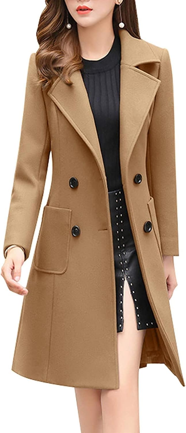 Chouyatou Women Elegant Notched Collar Double Breasted Wool Coat