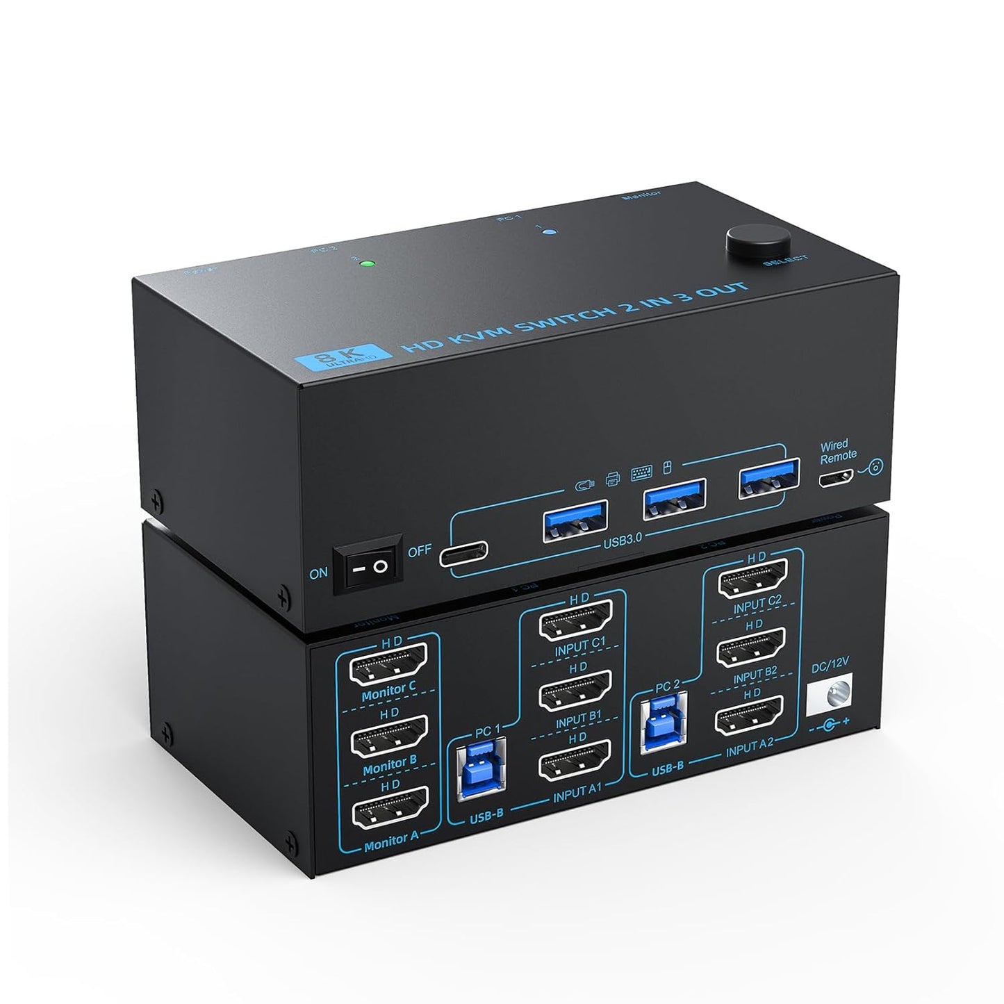 8K KVM Switch for 3 Monitors and 2 Computers - DXchip