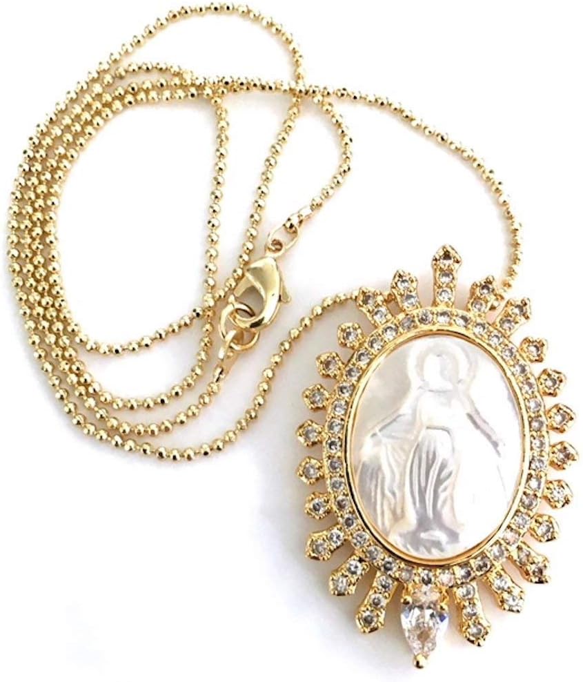Virgen de la Milagrosa Oval Pendant Necklace - 18k Gold Plated