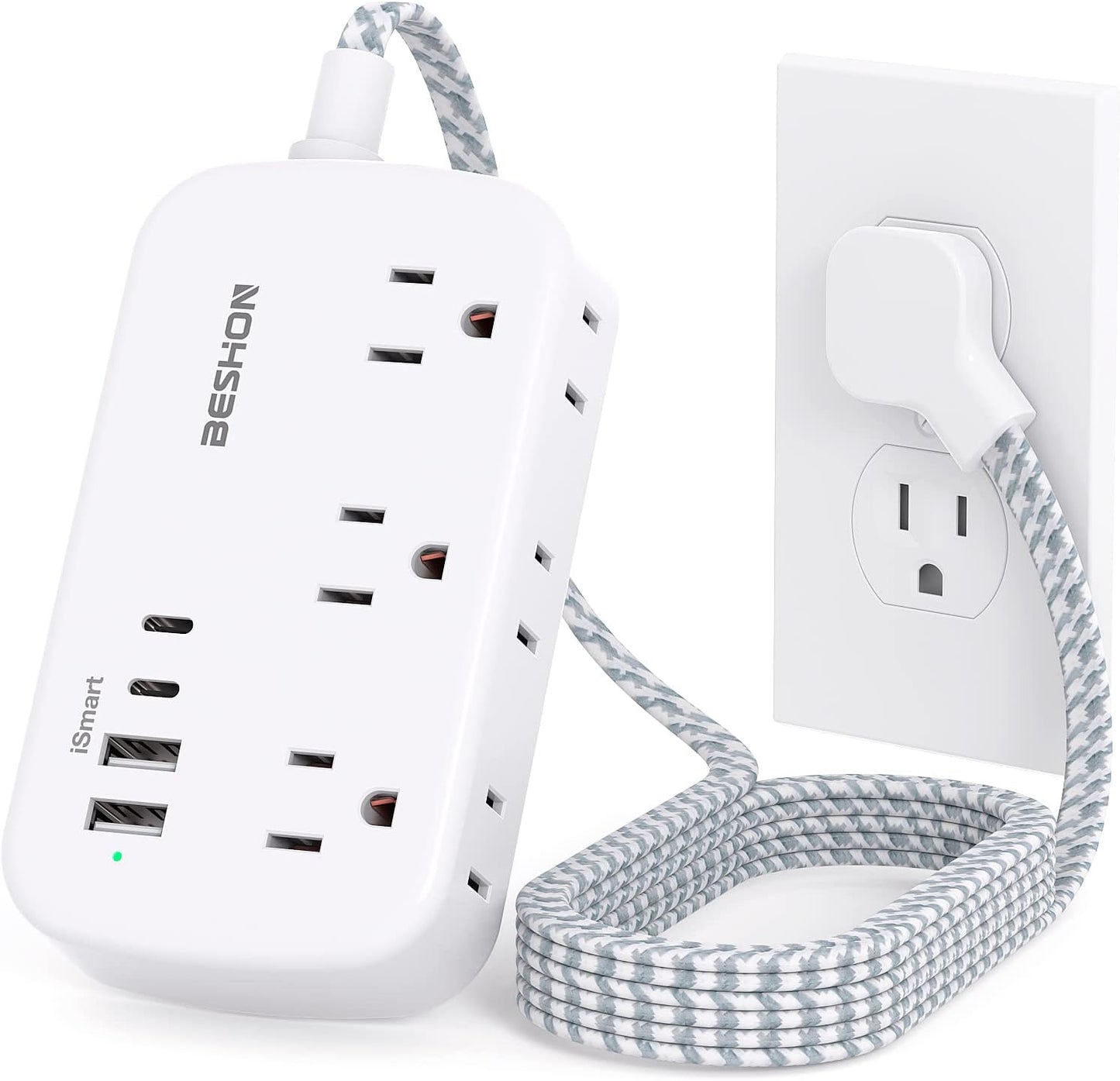 BESHON 5FT Flat Plug Power Strip with USB C - Compact Dorm Essential
