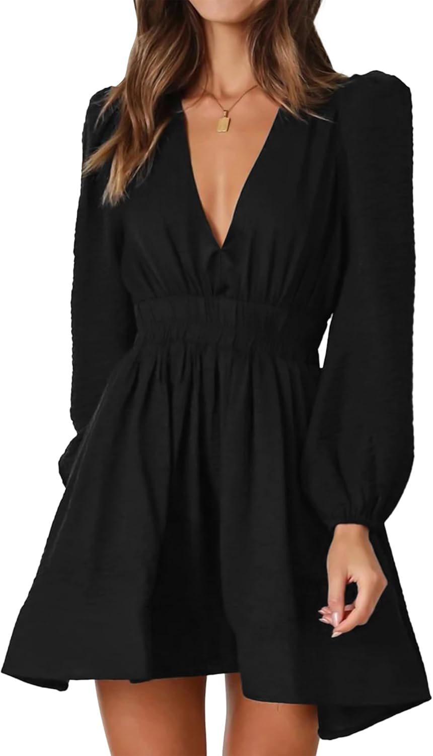 FAIABLE Mini Deep V Sexy Long Sleeve Dress for Women Casual Wear