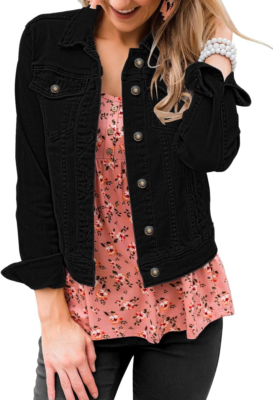 Stylish Womens Stretch Button Down Long Sleeve Denim Jacket