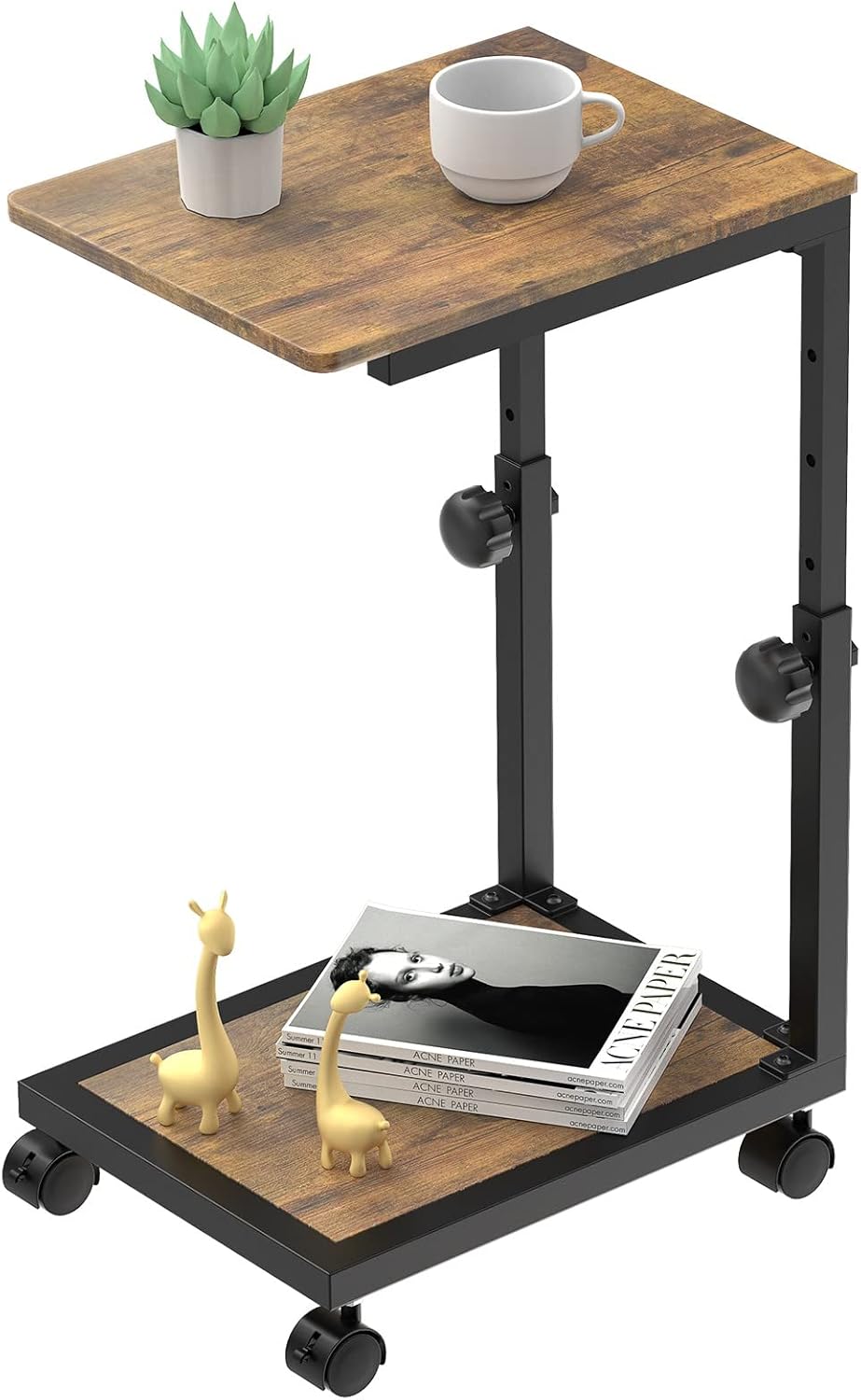 Rolling C-Shaped End Table - Adjustable & Industrial Style - Retro Brown