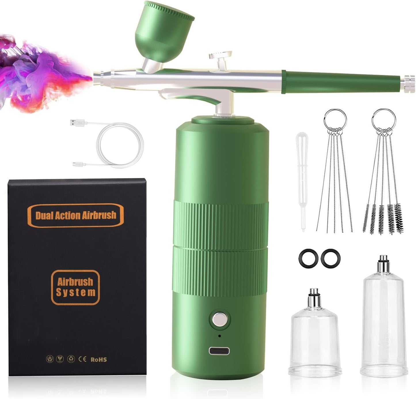 Portable Cordless Dual Action Airbrush - 3 Gears, Auto-Stop, BS-Airbrush-Green