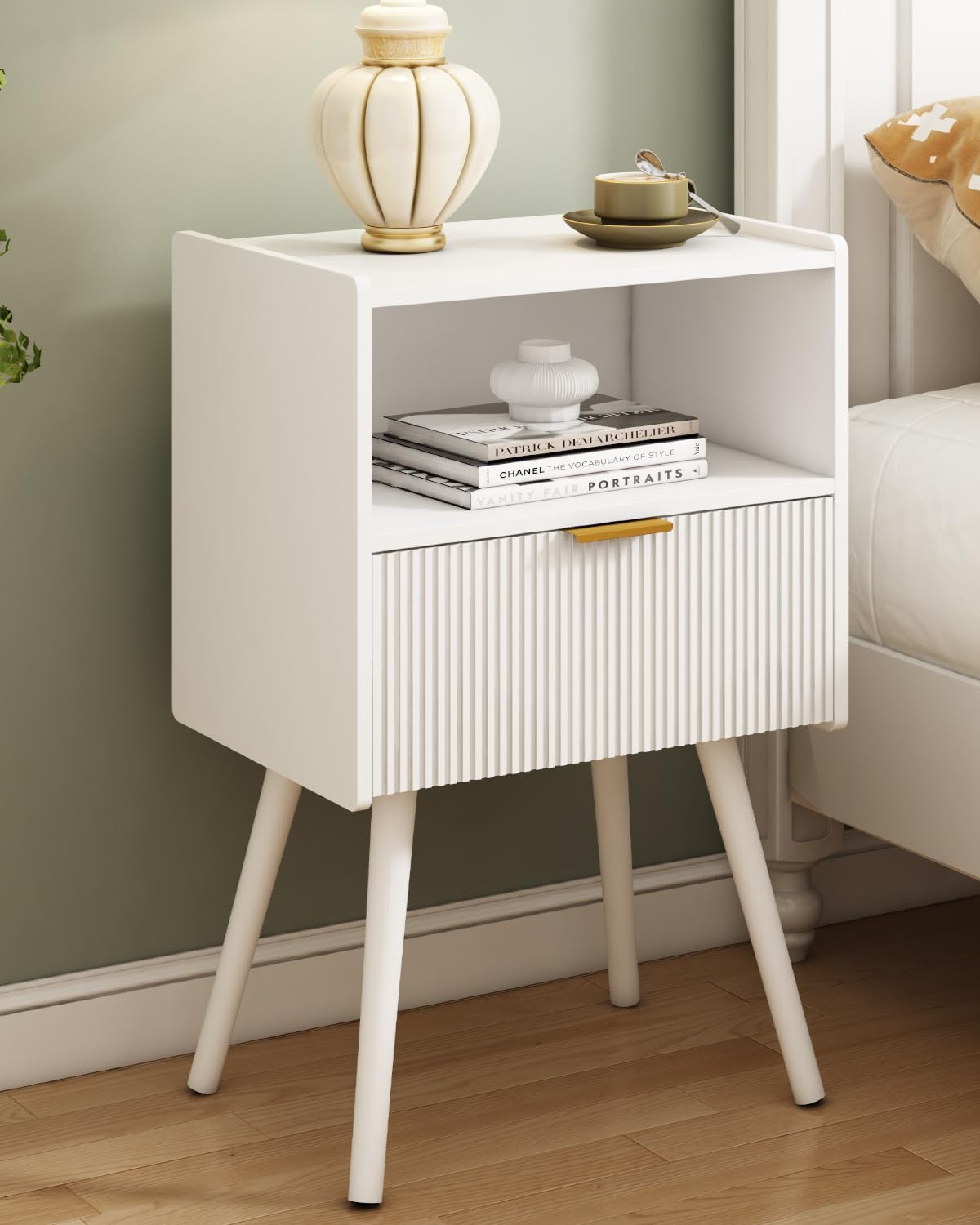 Modern White Nightstand with Storage Drawer and Open Shelf