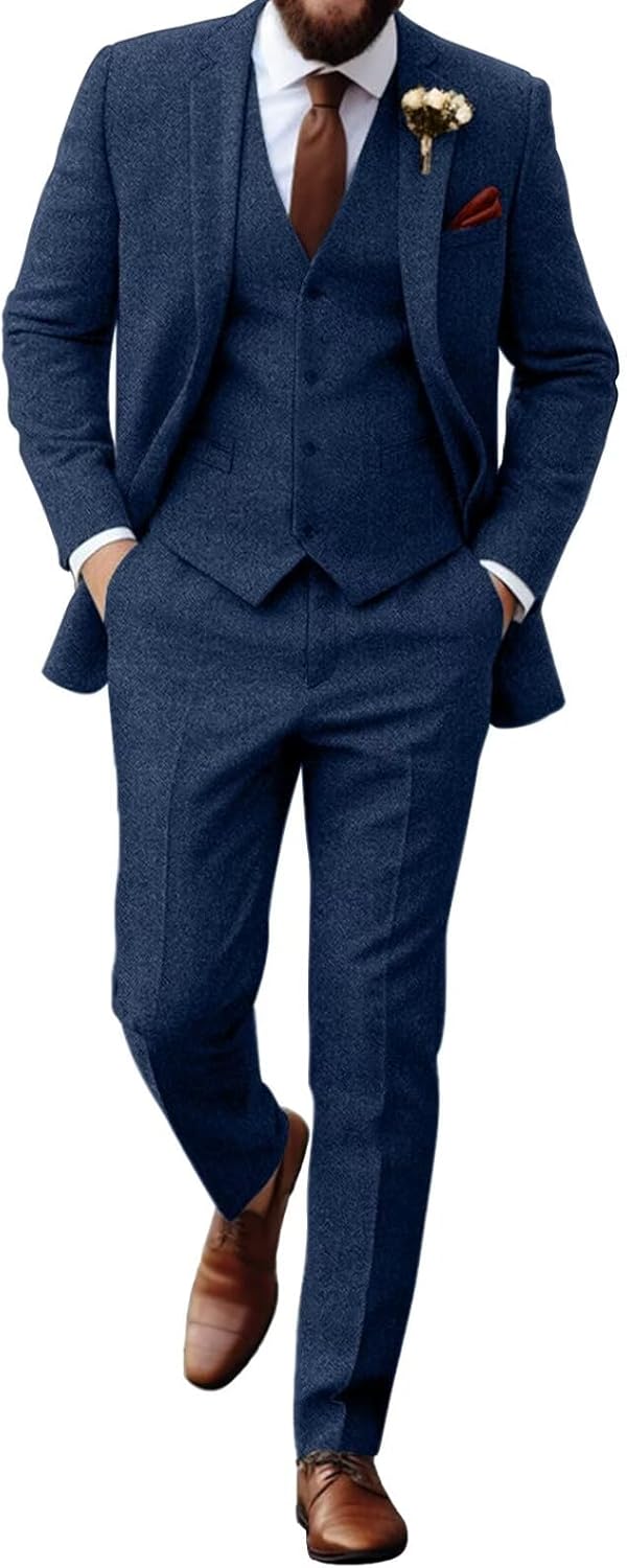 Retro Tweed Herringbone Suit for Men Slim Fit 3 Pieces Set