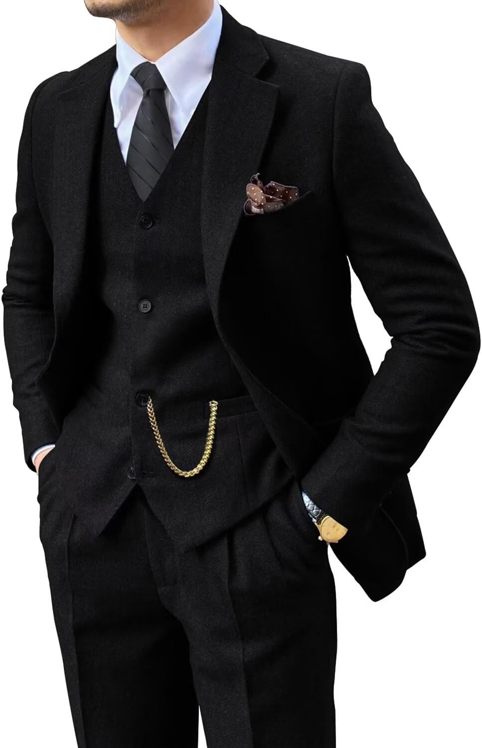 Retro 3 Piece Suit Tweed Herringbone Slim Fit Tuxedos Set