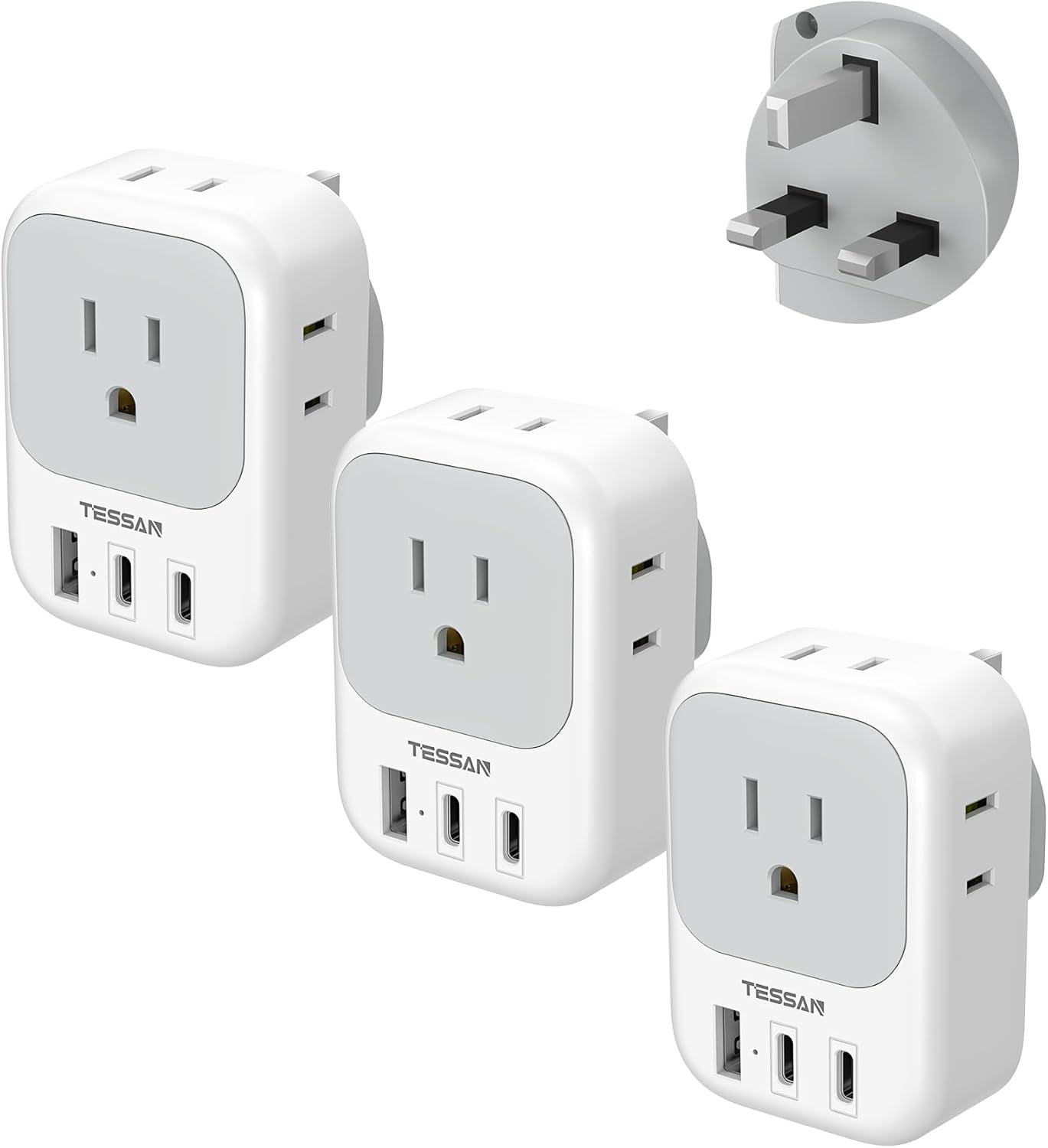 US to UK Plug Adapter 3 Pack for Travel with 4 Outlets