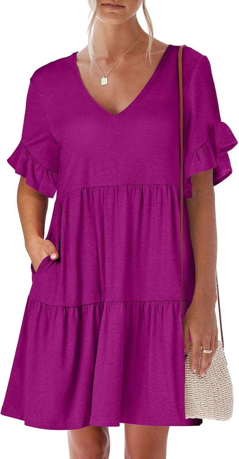 ANRABESS Summer Mini Beach Dress with Ruffle Sleeves and Pockets