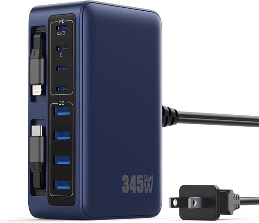 345W USB C Charging Station with Retractable Cables for All Devices
