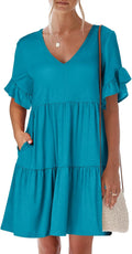 Dresses for Women V Neck Ruffle Sleeve Mini Dress - Lightweight Summer