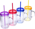 Plastic Mason Jars with Handles and Straws - 20 oz Insulated 4-Pack