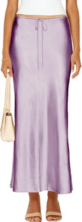 Womens Satin Silk Maxi Skirts Drawstring Flared A-Line Long Skirt wear