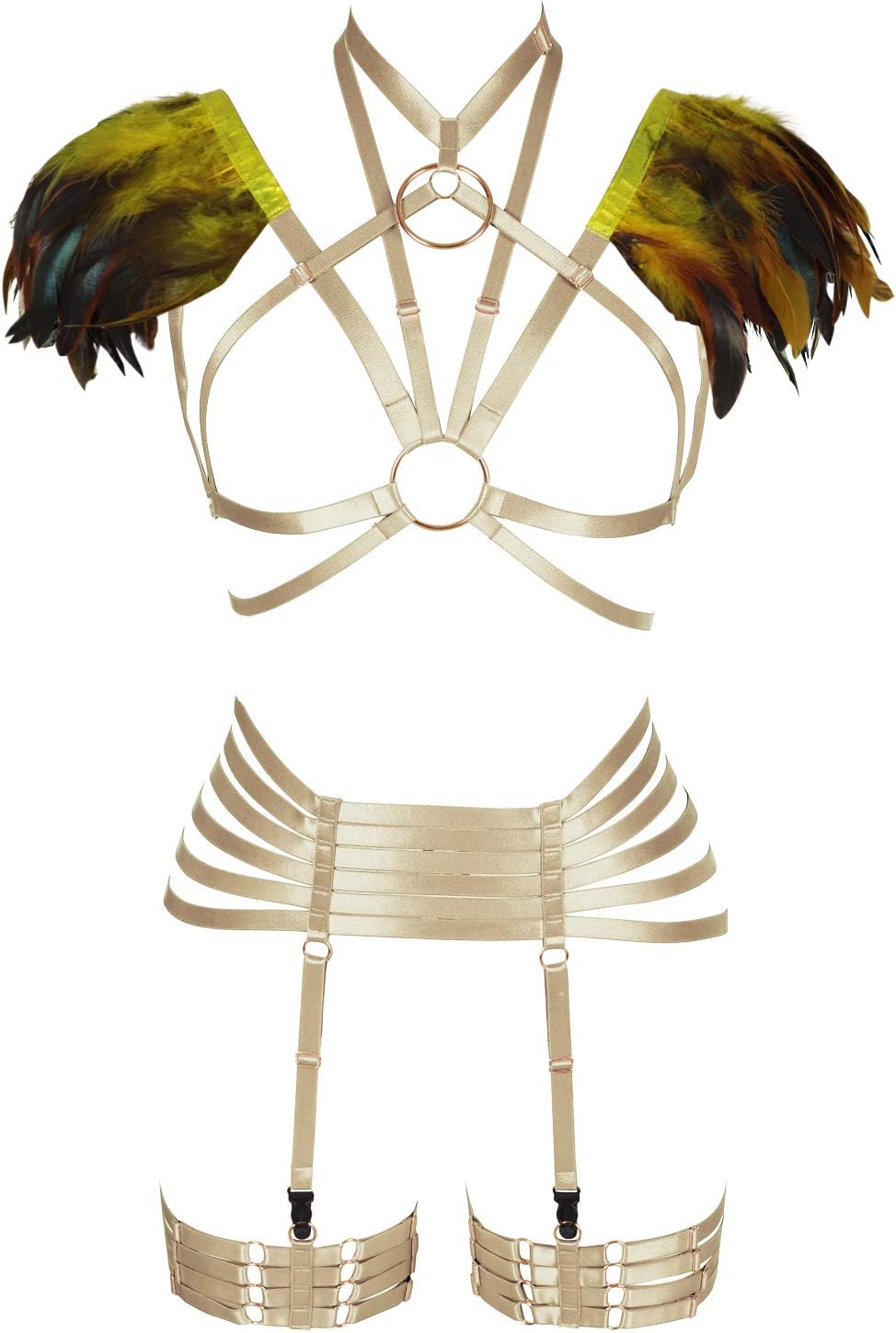 Womens Feathers Body Harness Lingerie Full Strappy Cage Set