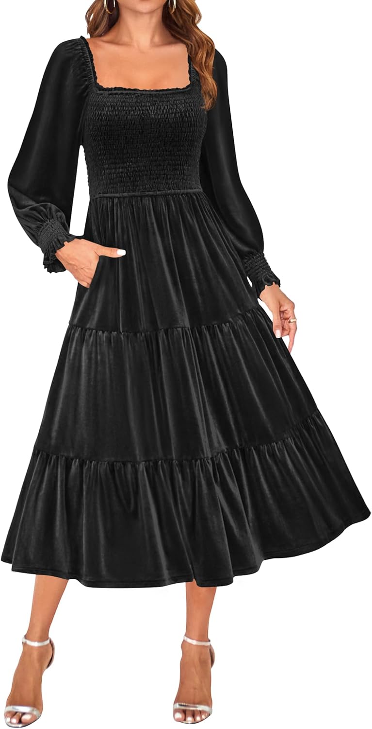 ZESICA Womens Velvet Long Sleeve Midi Dress with Pockets