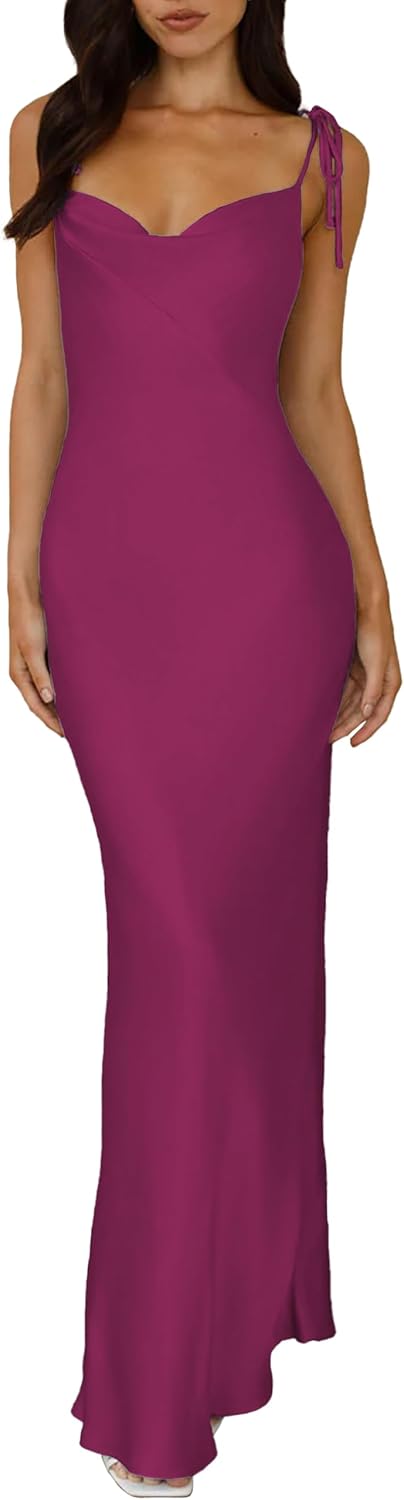 2025 Satin Cowl Neck Spaghetti Strap Slip Maxi Dress for Women