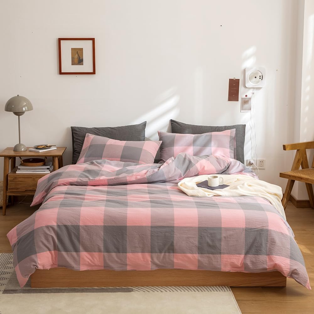 FACE TWO FACE Duvet Cover Set in Grey Powder Grid for Full Size