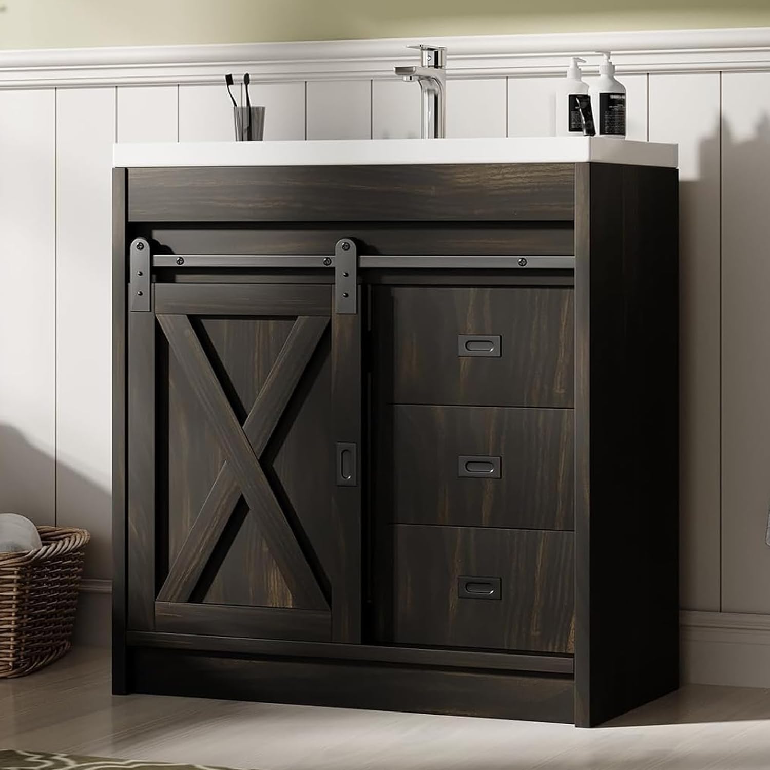 Farmhouse Bathroom Vanity with Sink and Barn Door Storage
